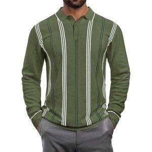 Men's Knit Polo Sweater Long Sleeve Striped Thermal Button Collar Sweater Green